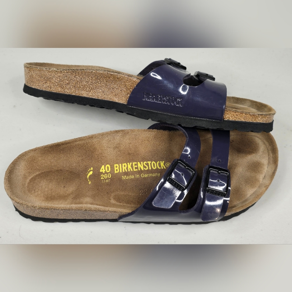 Birkenstock Size 40 US 9 Ibiza Purple Patent Leather Slide Sandals Two Strap